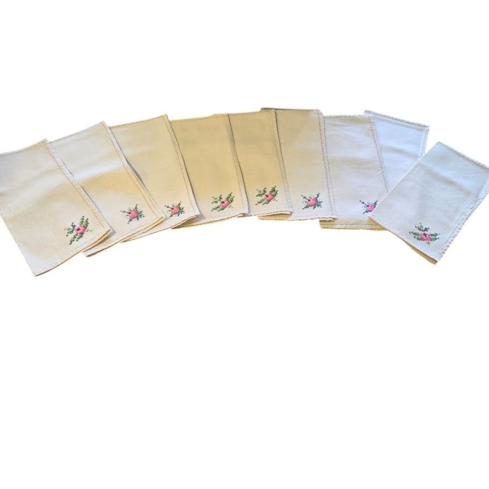 Vintage Cross Stitch Floral Linen Napkins Set of 9 Cream Pink Green